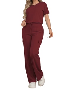 Ensemble pantalon pour femme : haut à manches courtes à col rond de couleur unie de style décontracté et pantalon long polyvalent à taille élastique pour tous les jours - Product Image 6