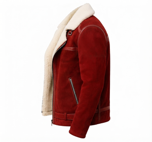 <b>Mens</b> Red <b>Suede</b> Motorcycle <b>Jacket</b> With Sherpa Lining Winter Turn Down Collar Genuine <b>Leather</b> Sherpa Lined <b>Jacket</b> Zip Up Winter - Product Image 4
