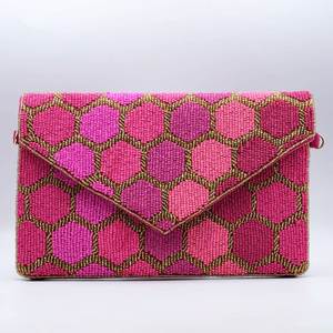 Handmade Beaded Clutch <b>Bag</b> Pink Purple Striped Sequin <b>Evening</b> Purse <b>Gold</b> Trim Wallet - Product Image 5