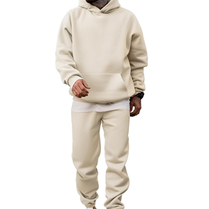 Ensemble de survêtement pour homme, beige uni, à capuche, 2 pièces, coupe décontractée, sweat-shirt d'automne - Product Image 1