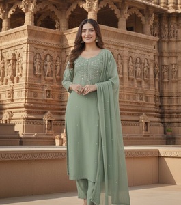Conjunto de Salwar Kameez Kurta de Rayón Verde Bordado, Estilo Indio-Pakistaní, Vestido Étnico para Mujer, Casual, Materiales Reciclados, para Todas las Temporadas - Product Image 1