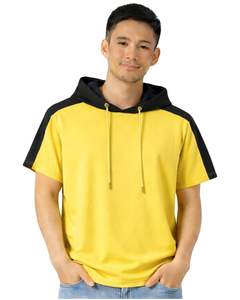 Custom <b>Mens</b> Short Sleeve <b>Hoodie</b> T Shirt Casual Pullover Hooded Top Soft Cotton Summer Wear Bright <b>Yellow</b> Black Color Streetwear - Product Image 1