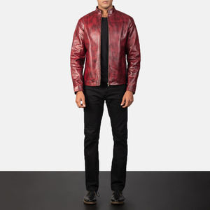 Men's Genuine Leather Vintage Distressed Burgundy Biker <b>Jacket</b> Stand Collar <b>Zip</b> <b>Up</b> Casual Motorcycle <b>Jacket</b> Premium Custom OEM - Product Image 4