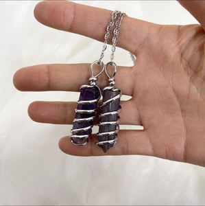Wholesale natural Amethyst stone pencil point pendant healing crystal pendant jewellery <b>silver</b> <b>wire</b> wrapped pendant - Product Image 5