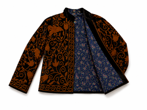 Veste en velours noir brodée Suzani pour femme, motif floral et oiseaux, style artisanal ethnique bohème, vêtement d'extérieur d'automne, boutique - Product Image 5