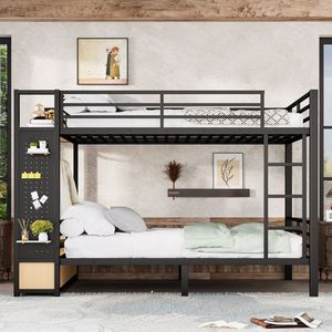 Queen Over Queen Metal Bunk <b>Bed</b> with <b>Storage</b> Shelves Drawers Pegboard for Teens <b>Black</b> Color - Product Image 2