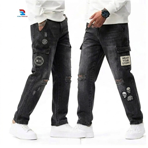 Vaqueros Cargo de Mezclilla Vintage para Hombre, Estilo Hip Hop, Oversize, Ajuste Delgado, Cintura con Botones, Bolsillos Delanteros y Traseros, Lavado a la Piedra, Transpirables - Product Image 1