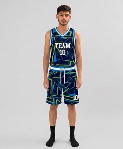 Ensemble de maillots de basket-ball Team 10, bleu vert, imprimé géométrique, sans manches, col en V, vêtements de sport pour hommes, design sublimé - Product Image 1
