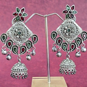 Large Quantity Oxidized Silver Ethnic Indian Jhumka Antique Pear Cut Bezel Setting Women's <b>Earrings</b> Wholesale Supplier - Product Image 6