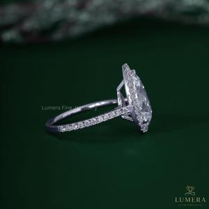 Anillo de compromiso de lujo con diamante de laboratorio talla pera de 3.57 quilates, halo de oro blanco de 14K, tallo pavé, anillo de boda nupcial en forma de lágrima para mujer - Product Image 5