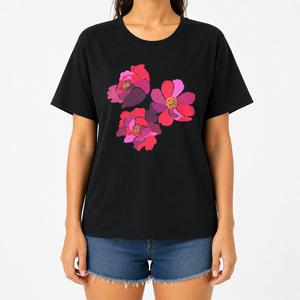 T-shirt pour femme à imprimé floral DTF, écologique, coupe ample, col rond, manches courtes, décontracté, été, 100% coton jersey, OEM ODM - Product Image 1