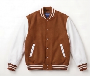 Chaqueta Varsity de Pana Marrón para Hombre con Mangas Blancas, Cierre de Botones, Estilo Casual para Otoño, Corte Regular - Product Image 1