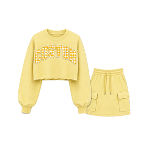 Wholesale Women's Custom Gingham <b>Applique</b> Two Piece Cropped Sweatshirt & Cargo Mini Skirt Soft French Terry Tracksuit Streetwear - Product Image 5