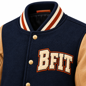 Chaqueta Varsity para Hombre, Color Azul Marino, Cuerpo de Lana, Mangas de Cuero Color Bronceado, Logotipo Bordado, Ropa de Otoño - Product Image 4