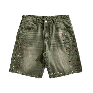 Pantalones Cortos de Mezclilla 100% Algodón Ecológico para Hombre, Estilo Vintage con Pedrería, Cierre de Cremallera, Estilo Hip Hop - Product Image 3