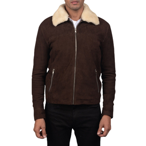 Blouson bomber en daim marron pour homme avec col en fausse fourrure, fermeture éclair, coupe slim, style moto, coupe-vent, pour l'hiver - Product Image 1