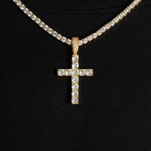 Yellow Gold VVS1 Moissanite <b>Cross</b> Pendant With Tennis <b>Chain</b> 925 Sterling Silver Hip Hop Religious Necklace - Product Image 3
