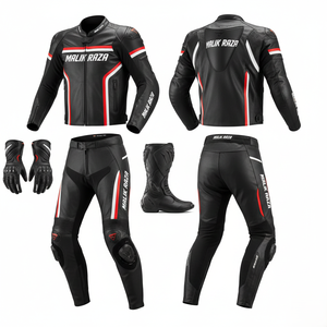Combinaison de course : Combinaison 2 pièces en cuir de vachette 1,3 mm avec logo Malik Raza + protection CE niveau 2 + ensemble de gants et de bottes de course - Product Image 1