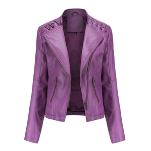 2026 Women's PU Leather Moto <b>Jacket</b> Stand Collar Full Sleeve Zipper Closure Solid Color Windproof Short Length Autumn Wear - Product Image 5