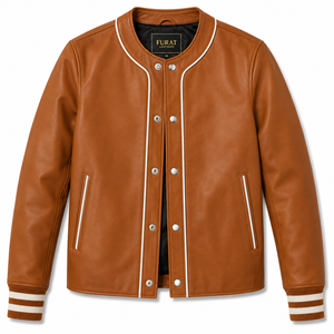 Chaqueta Bomber Varsity de Cuero Marrón para Hombre, Marca Furat Leathers, con Cuello Alto y Bordado Personalizado en la Parte Delantera - Product Image 1