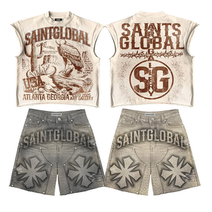 Ensemble short et t-shirt sans manches pour homme SAINTGLOBAL, col rond, imprimé par transfert thermique, respirant, style décontracté, style streetwear, été - Product Image 1