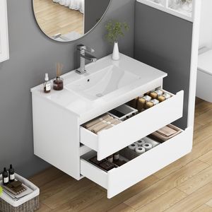 Mobile Bagno Sospeso da 32 Pollici con Doppio Cassetto, Ante Arrotondate, Sistema Soft-Close, Lavabo in Ceramica, Nessun Montaggio Hardware Richiesto - Product Image 2