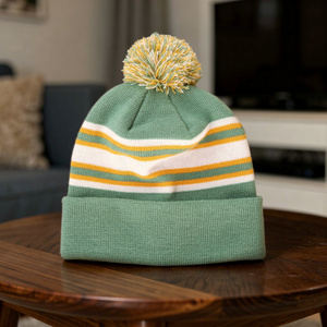 New Children Knitted Hat Fashion Kids <b>Red</b> White Green Striped Acrylic Cold Beanie Fur Ball Travel Beach Birlag Sports - Product Image 4