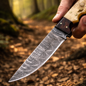 Couteau de chasse artisanal à lame droite en acier Damas, manche en os et bois, avec étui en cuir - Product Image 5