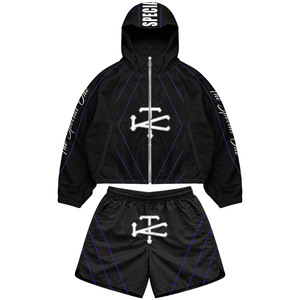 Lightweight 120 GSM polyester windbreaker short set black <b>grey</b> side panels custom screen printed logo plus size - Product Image 5