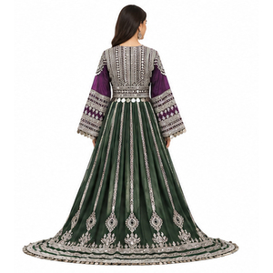 Vestido Kurta Tradicional de Seda Verde con Bordado Plateado, Ropa Étnica para Mujer, Vestido Afgano Kuchi Largo y Holgado para Bodas - Product Image 4