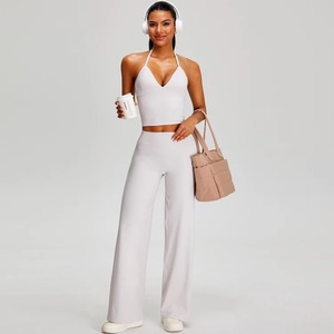 Ensemble décontracté 2 pièces personnalisé OEM pour femme : Crop top asymétrique à épaules dénudées et pantalon long taille haute avec effet ventre plat - Product Image 1
