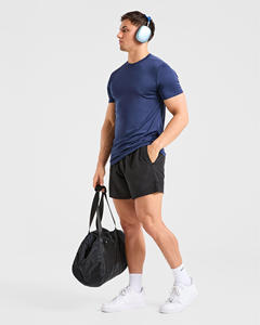 Conjunto de Camiseta y Pantalones Cortos de Punto Azul Sólido para Hombre, Ligero, Transpirable, Informal, de Dos Piezas - Product Image 3