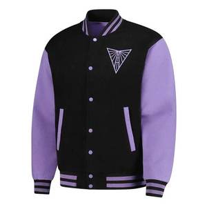 <b>Men's</b> Black And <b>Purple</b> Varsity Jacket With Geometric Embroidery Front Logo Preppy Style Regular Fit Autumn Wear - Product Image 1