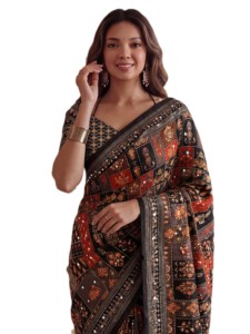Traditional Indian Ethnic Digital Ajrak Print Chinon Floor-Length Elegant <b>Saree</b> Real Mirror Work <b>Blouse</b> for Women-Best Price - Product Image 5
