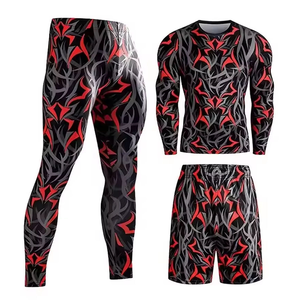Ensemble de leggings de compression longs pour hommes avec t-shirt à manches longues et short, imprimé numérique uni, antibactérien, taille élastique, en spandex - Product Image 2
