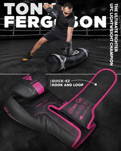 Gants d'entraînement de boxe 12oz noirs et roses avec fermeture respirante en PU unisexe pour le kickboxing (paire) - Product Image 2