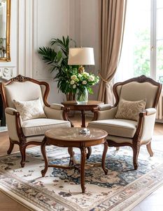 Sillón de estilo francés en madera de caoba con intrincados detalles tallados y tapicería de tela color crema con detalles en marrón. - Product Image 3