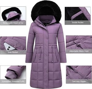 Abrigo Largo Acolchado de Invierno para Mujer con Capucha con Ribete de Piel, Cierre de Botones, Manga Larga, Color Morado Sólido, Prenda Exterior Cálida - Product Image 5