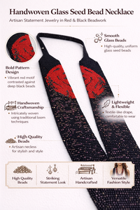 Collier en fil de soie tissé à la main avec imitation de perles, motif couronne rouge audacieux sur fond noir, bijou vintage pour soirée - Product Image 6