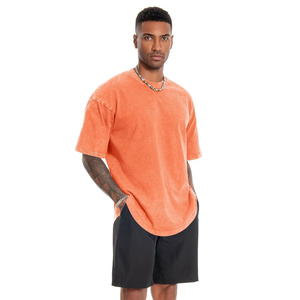 Camiseta Oversize Naranja Tie-Dye de Manga Corta Casual con Cuello Redondo de Algodón Tejido con Patrón Liso y Lavado Ácido, Disponible para Venta en Línea - Product Image 4