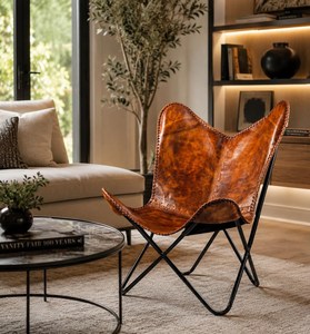Fauteuil papillon vintage de luxe en cuir tanné avec structure en métal noir, fauteuil d'appoint moderne fait main pour la décoration du salon - Product Image 1