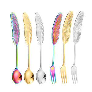 Stainless Steel Feather <b>Spoon</b> and Fork Set Colorful Mirror Finish Cocktail <b>Coffee</b> Stirring Tableware - Product Image 1