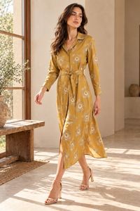 Robe chemise à manches longues pour femmes, imprimé floral, col rabattu, robe midi avec ceinture - Product Image 3