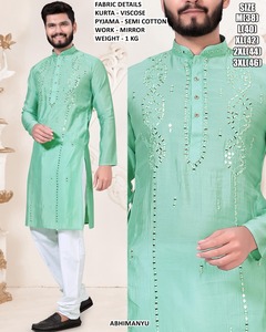 Kurta de fête pour homme en viscose bleue traditionnelle Raj Heritage, longueur au sol - Product Image 2