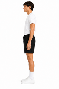 Men's Premium Black Performance Knit <b>Shorts</b> with <b>Zipper</b> Pockets Adjustable Drawstring Waist Soft Stretch Fabric Relaxed Fit - Product Image 2