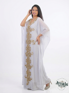 Awais House Women's White Beaded Embroidery <b>Chiffon</b> Polyester Floor-Length Modest Evening Dress V-Neck Long Sleeves Natural - Product Image 6
