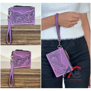 Cute Purple <b>Leather</b> <b>Tooled</b> Floral Zipper Credit Card Holder Clutch Genuine <b>Leather</b> Multifunctional Unisex Everyday Coin <b>Pouch</b> - Product Image 1