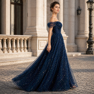 Robe de bal bleu marine luxueuse à épaules dénudées, robe de soirée en tulle ornée d'étoiles |   Tenues de soirée formelles pour femmes |   OEM Inde 2026 Pr - Product Image 3