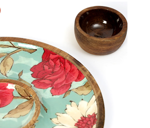 Modern Round Floral Wooden Handicraft Multi-Functional Serving Tray <b>Tea</b> Coffee Food Platter <b>Decorative</b> Dining Home <b>Party</b> Table - Product Image 3