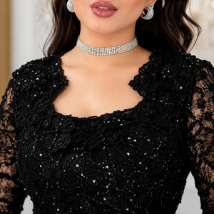 Vestido de Noche Moderno de Lujo Negro con Lentejuelas y Encaje, Elegante Vestido de Fiesta de Diseñador para Mujer con Manga Larga y Cola Larga de Satén - Product Image 4